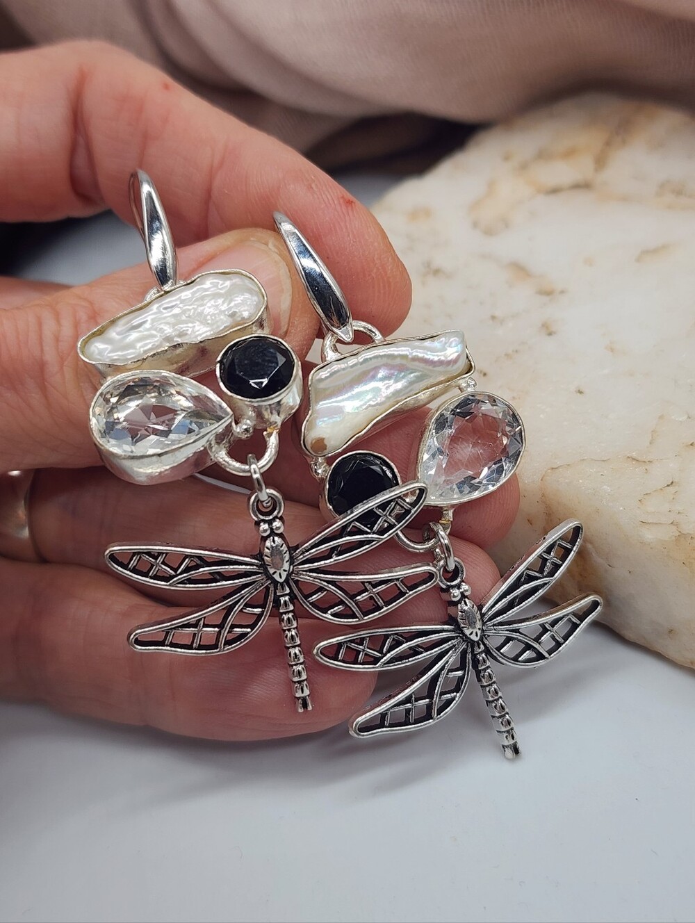 Dragonfly Silver Earrings Natural Freshwater Natural Pearl Irregular Baroque